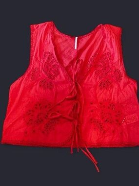 Free People Red Embroidered Tie-Front Vest